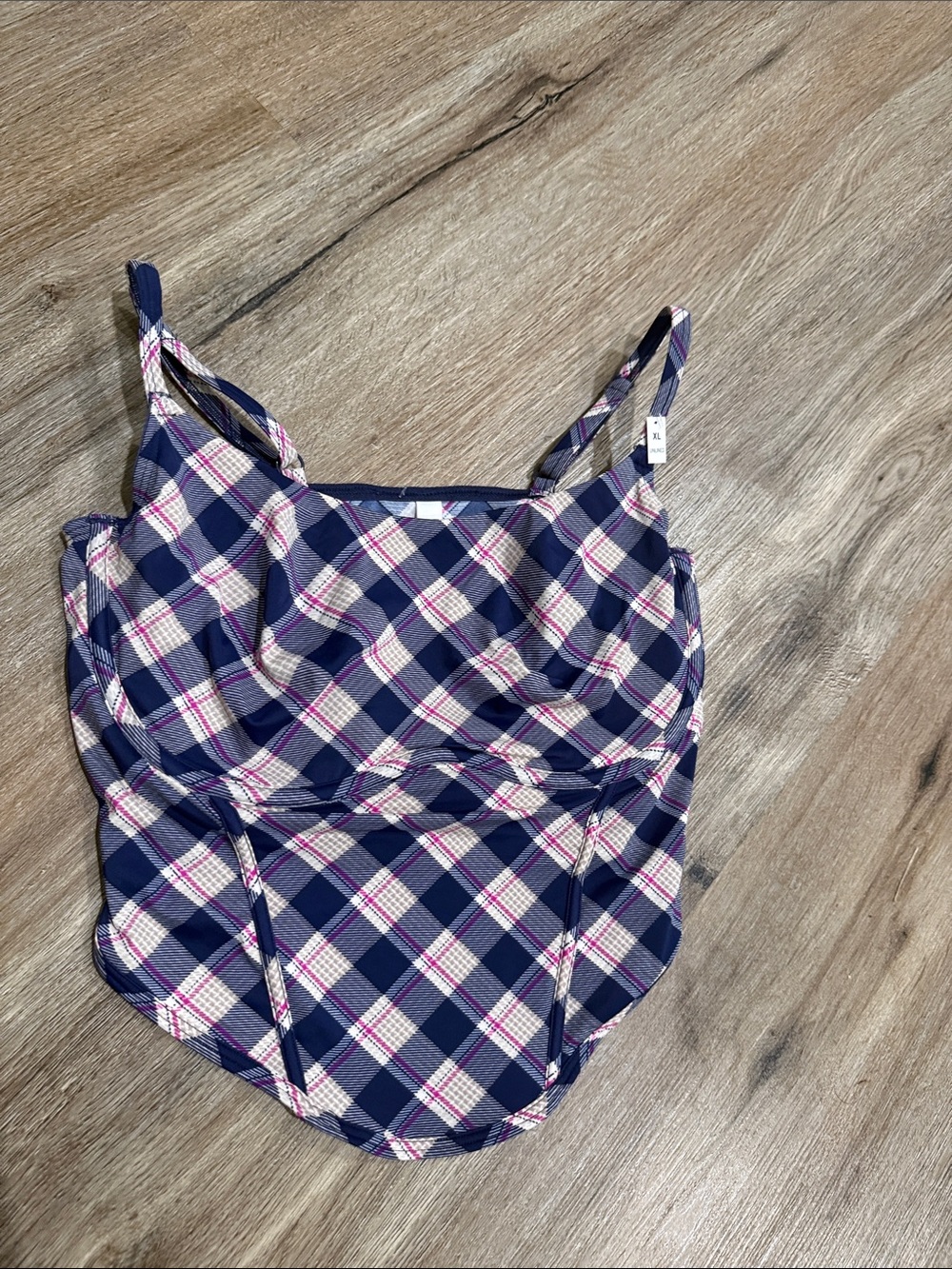 NWT PINK Victoria's Secret Navy Plaid Chemise Crop Cami with Pink and Cream